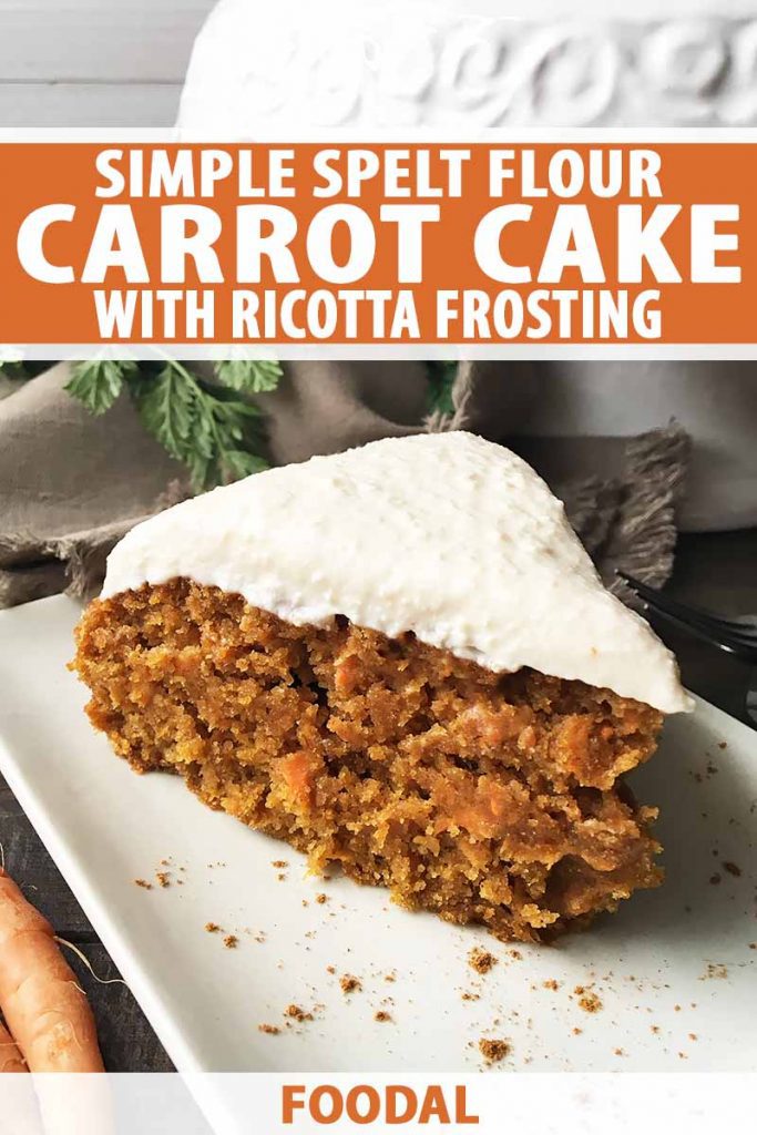 Vertical image of a slice of carrot cake with a white icing on a white plate, with text on the top and bottom of the image.