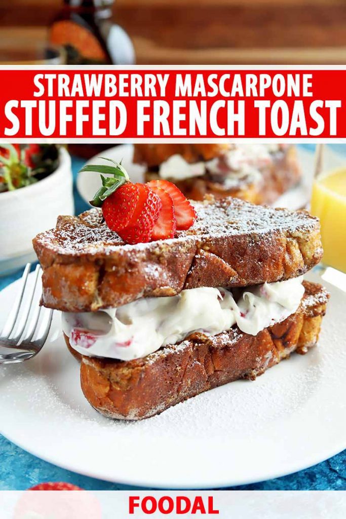 Vertical image of stuffed French toast on a white plate with a fork, with text on the top and bottom of the image.
