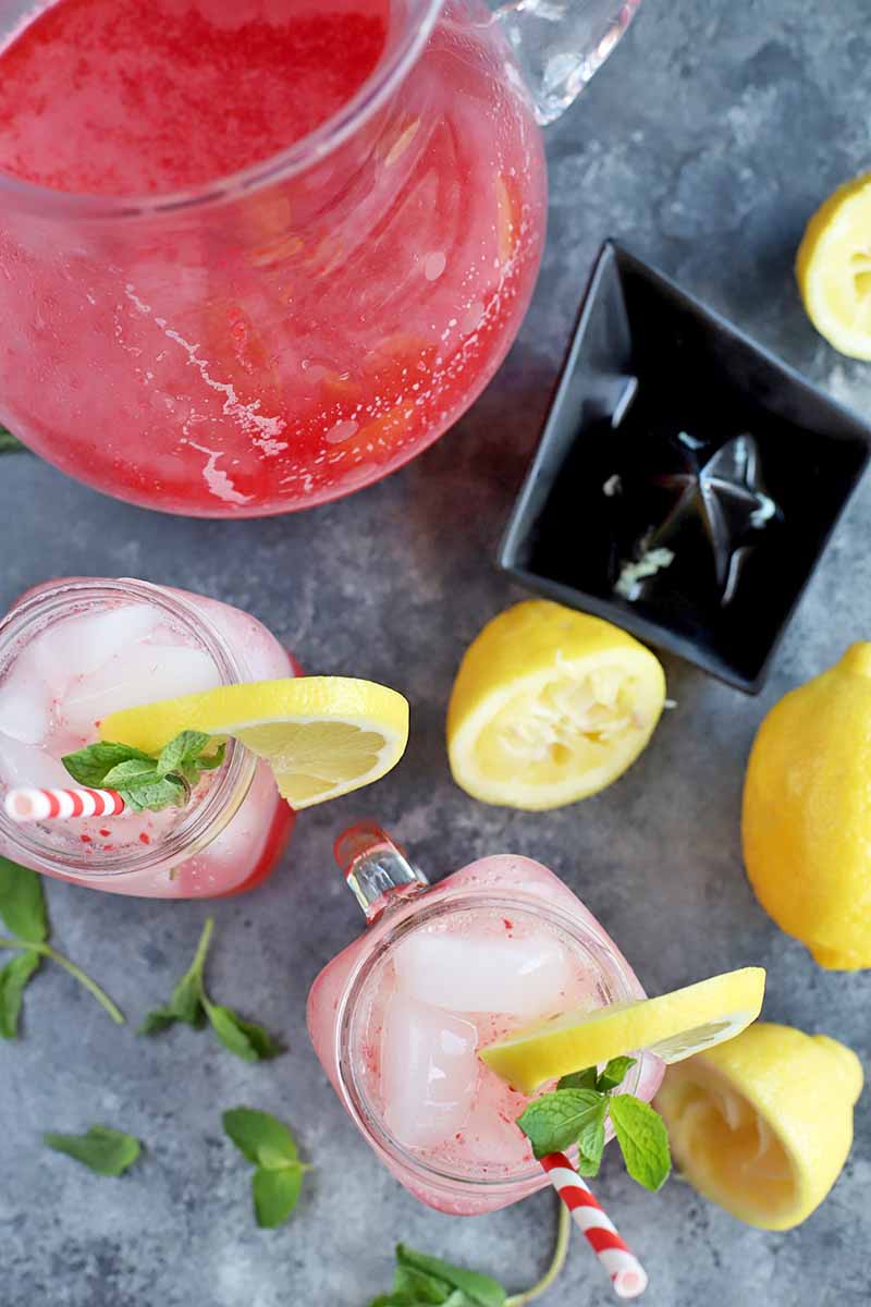 Overhead vertical image of a pitcher and two glasses of raspberry lemonade with sprigs of mint and lemon slices for garnish, with squeezed fruit and a juicer to the right and fresh herbs to the left, and red and white paper straws.