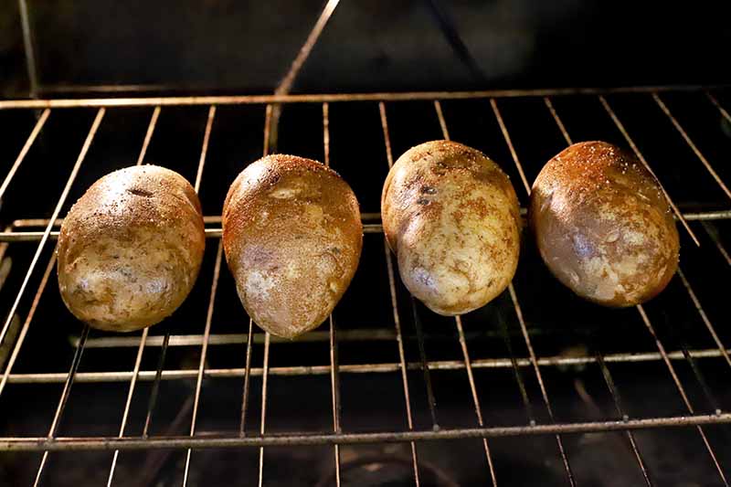 Four russet potatoes baking on an oven rack.