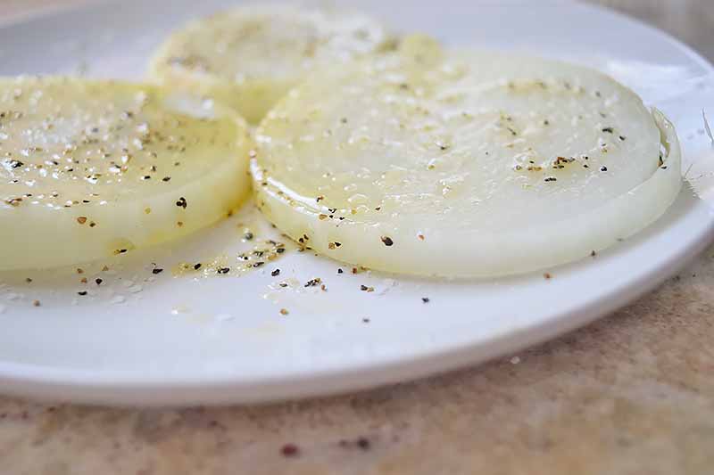 Thick onion slices on a white ceramic plate, sprinkled with salt and pepper, on a speckled beige countertop.