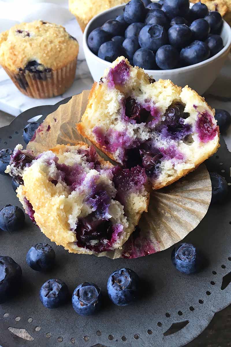 Vertical image of a halved blueberry muffin on a dark stand.