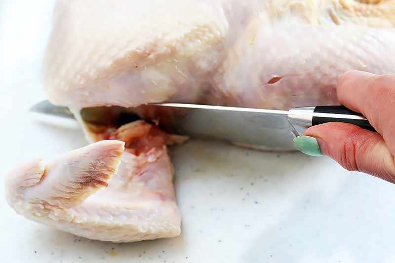 Horizontal image of a hand holding a knife cutting into the wing of raw poultry.