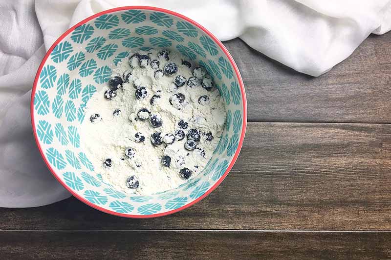 Horizontal image of a blue bowl with a dry mixture and blueberries.
