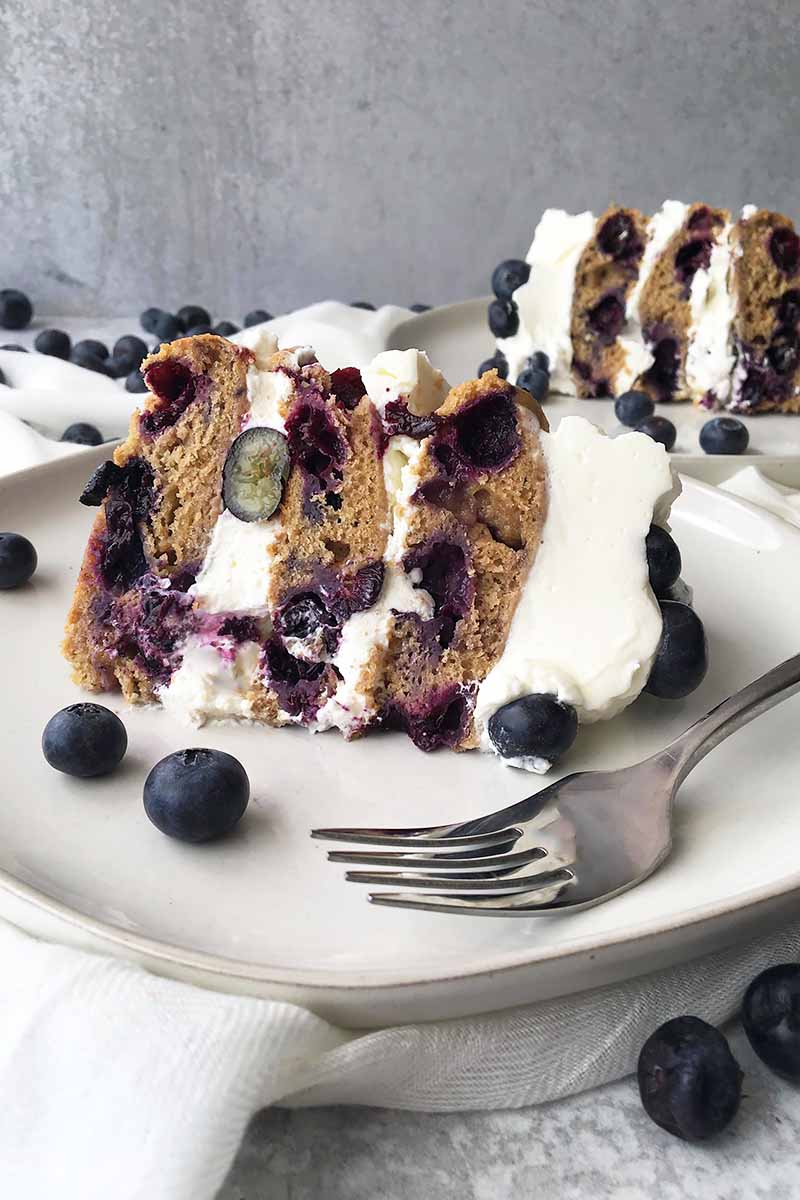 Vertical image of a blueberry cake with whipped cream on a white plate with fresh fruit and a fork.