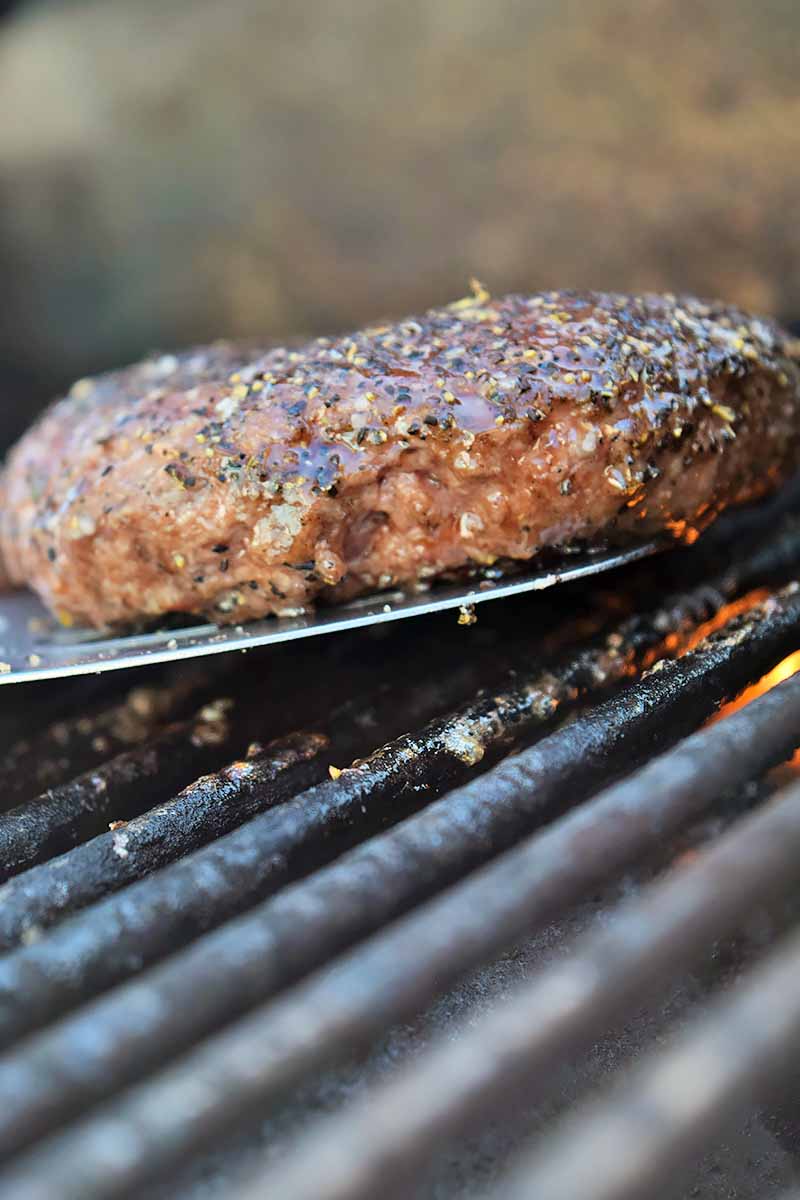 Vertical image of a metal spatula about to flip a burger on the grill, on wide metal grates.