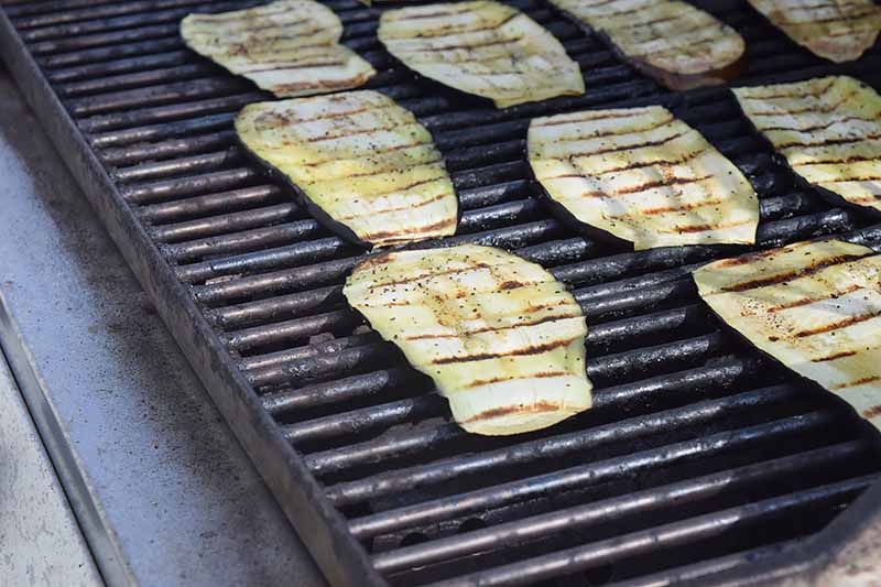 Horizontal image of a grill with cooked eggplant slices.