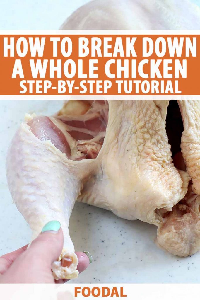 Vertical image of a hand pulling a drumstick from a raw chicken, with text on the top and bottom.