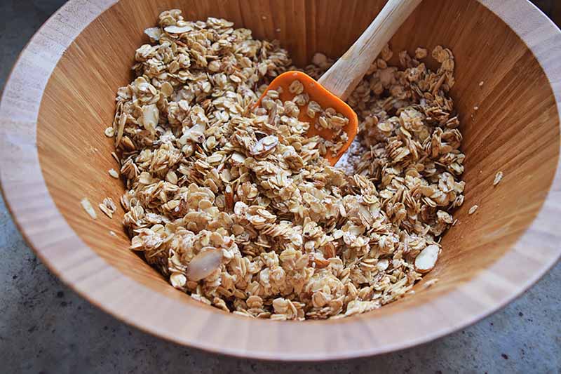 Horizontal image of mixing an oat mixture in a wooden bowl.