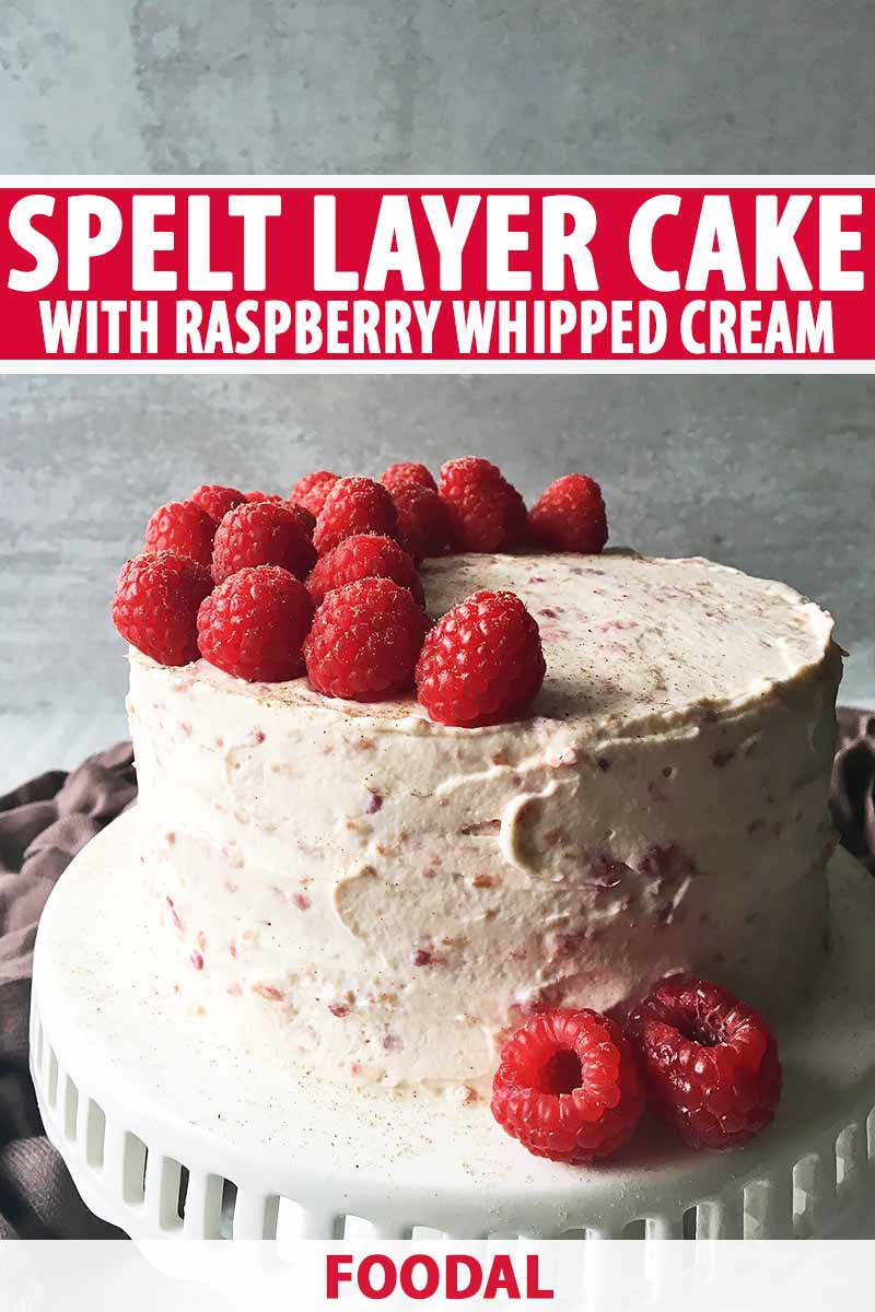 Vertical image of a whole decorated cake with raspberries, and text on the top and bottom of the image.