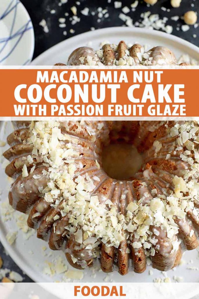 Vertical image of a whole dessert topped with flaky garnishes, with text on the top and bottom of the image.