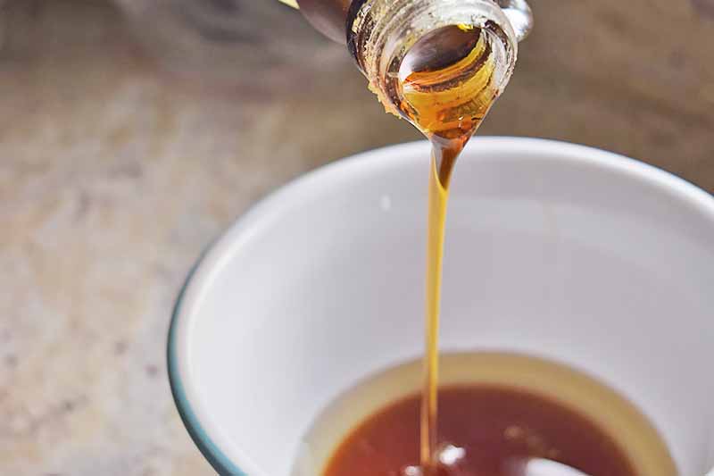 Horizontal image of maple syrup pouring into a white bowl.