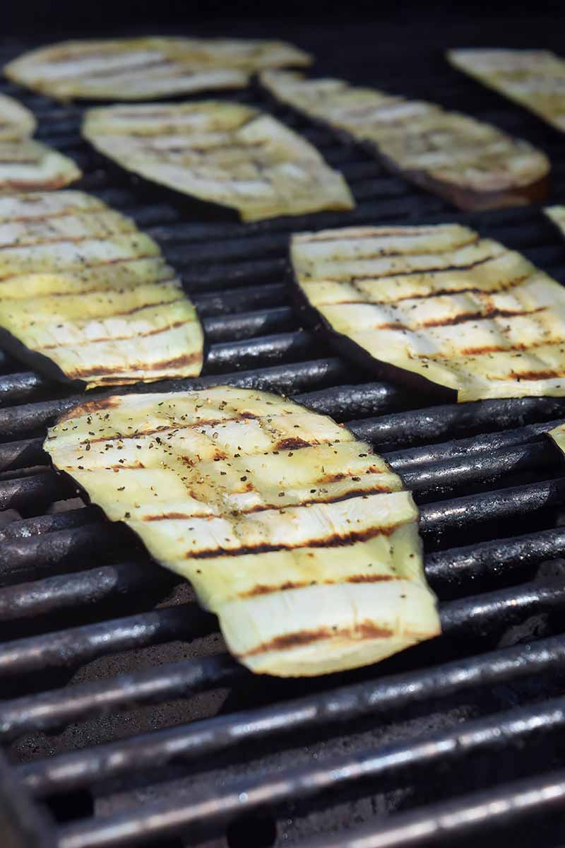 Vertical image of a grill with cooked eggplant slices.