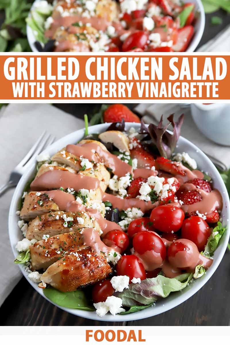 Vertical image of a plate of chicken salad with whole grape tomatoes and a pink dressing, with text on the top and bottom of the image.
