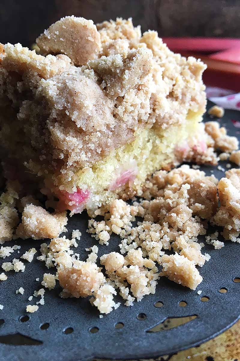 Vertical close-up image of a crumbed coffee cake with a pink fruit filling on a dark plate.