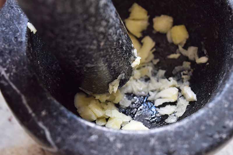 Closeup horizontal image of garlic cloves being crushed in a gray stone mortar and pestle.