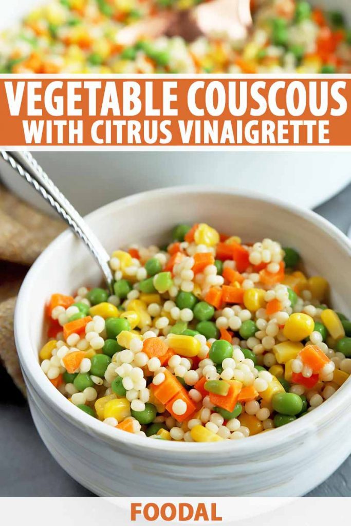 Vertical image of two white bowls with a couscous veggie medley, and text on the top and bottom of the image.
