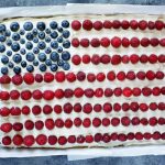 Top down view of a cookie cake shaped like an American flag with blueberries forming the blue field and cream frosting and strawberries forming the white and red stripes.
