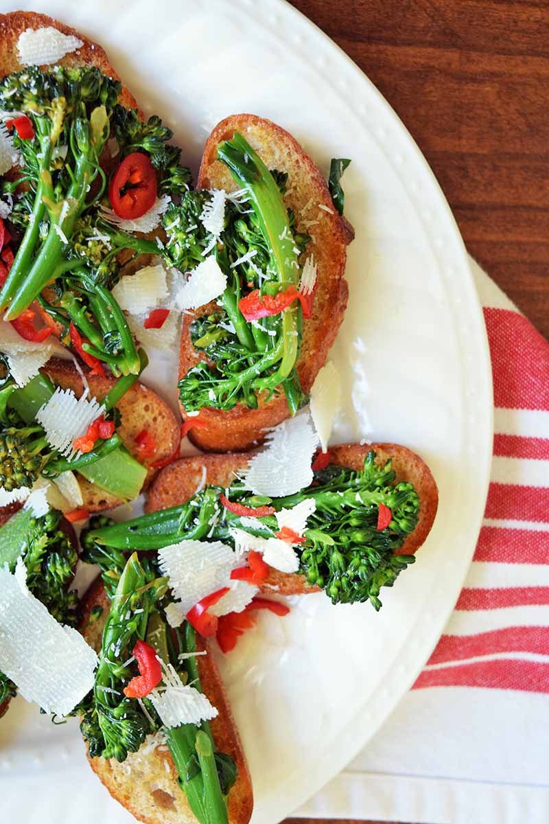 Vertical overhead image of a white plate of broccoli rabe on toasted baguette slices, with thinly sliced bird's eye chili pepper and shaved Italian hard cheese, on a brown wood table topped with a red and white striped cloth.