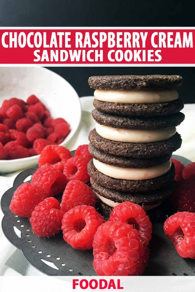 Vertical image of a stack of cookies and piles of raspberries, with text on the top and bottom of the image.