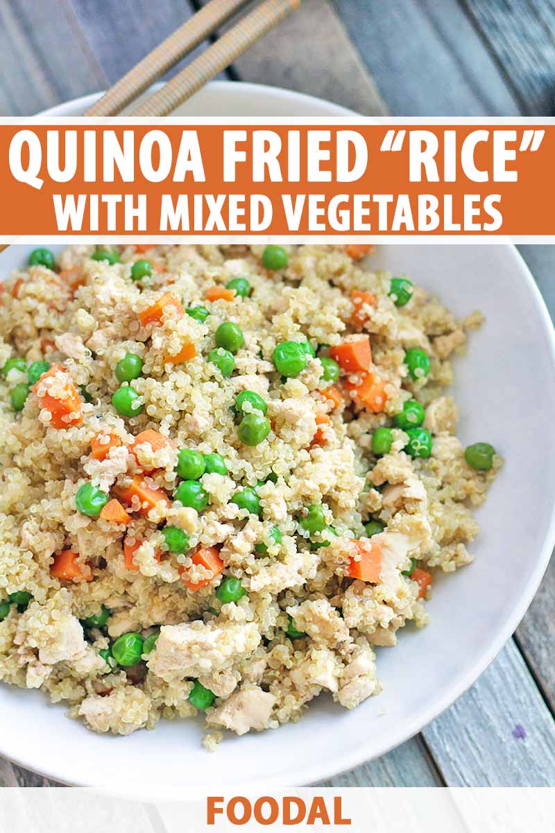 Vertical image of a white bowl with fried quinoa, crumbled tofu, carrots, and peas, with text on the top and bottom of the image.