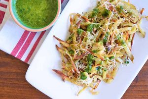 Oven Fries with Lemony Green Dressing and Gruyere