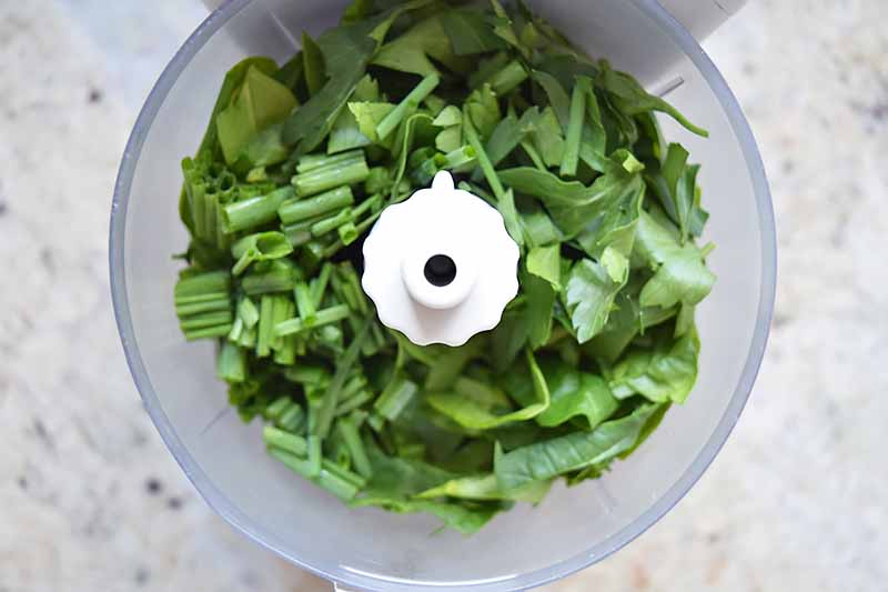 Horizontal image of a food processor with chopped fresh herbs and vegetables.