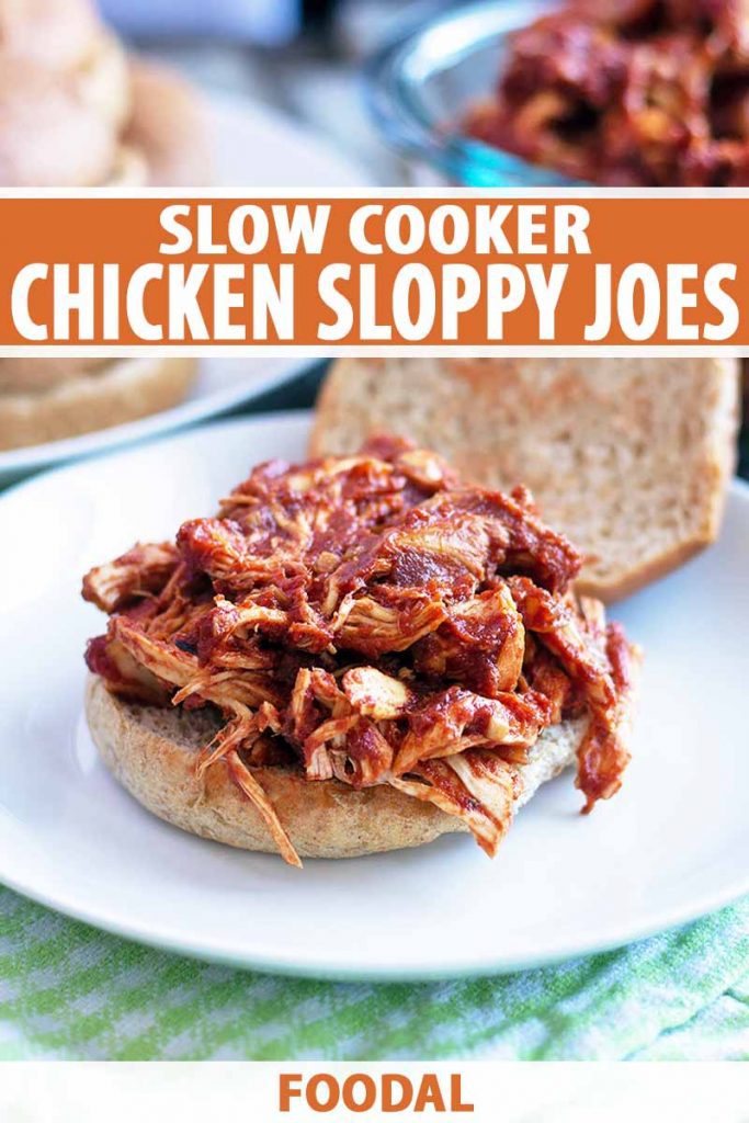 Vertical image of pulled chicken in a red sauce on a hamburger bun, on a white plate, with more of the bread and a bowlful of the meat in soft focus in the background, on a light green and white checkered cloth, printed with orange and white text at the midpoint and bottom of the frame.