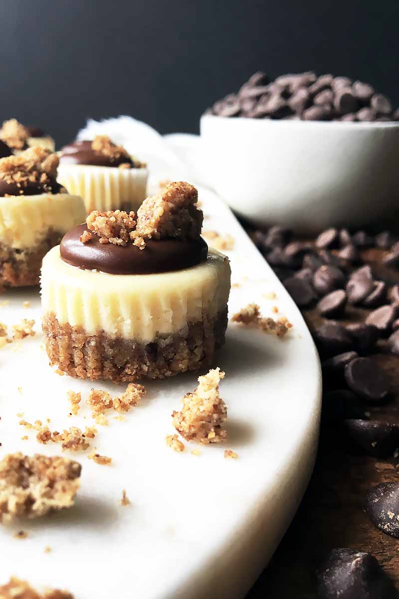 Vertical image of bite-sized cheesecakes on a serving platter next to chocolate chips in a bowl and on the table.