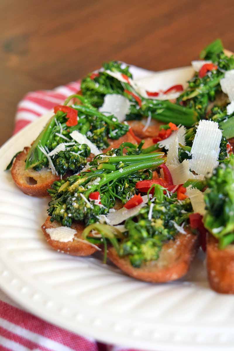 Vertical image of a white plate of broccoli rabe tartines with thinly sliced bird's eye chili peppers and shaved cheese on top, on a red and white striped cloth on a brown wooden surface.
