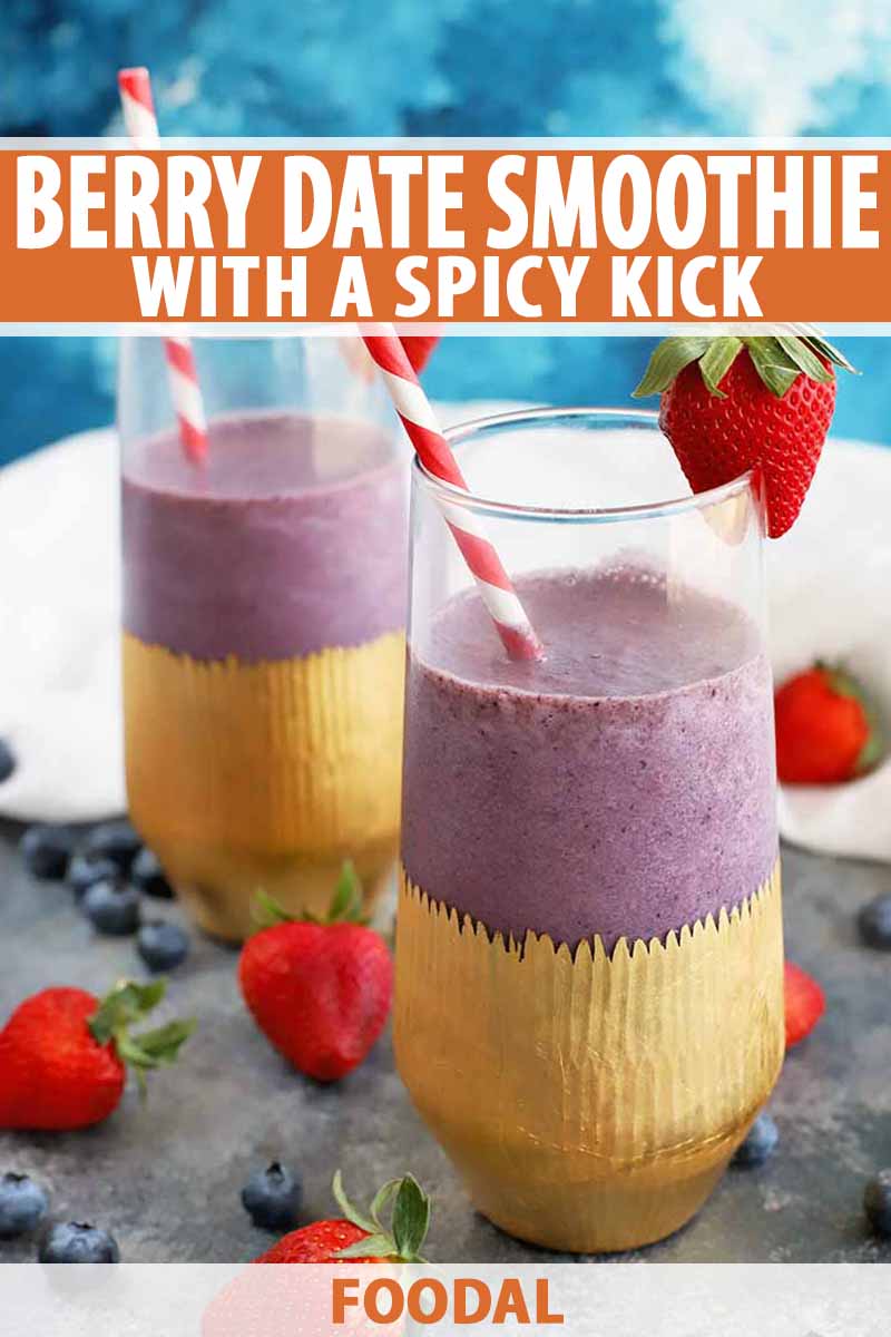 Vertical image of two glasses of purple smoothie, with gold paper decorative wrapper, red and white striped paper straws, and berry garnishes, on a gray surface with a white cloth and scattered blueberries and strawberries, against a blue and white backdrop, printed with orange and white text at the midpoint and the bottom of the frame.