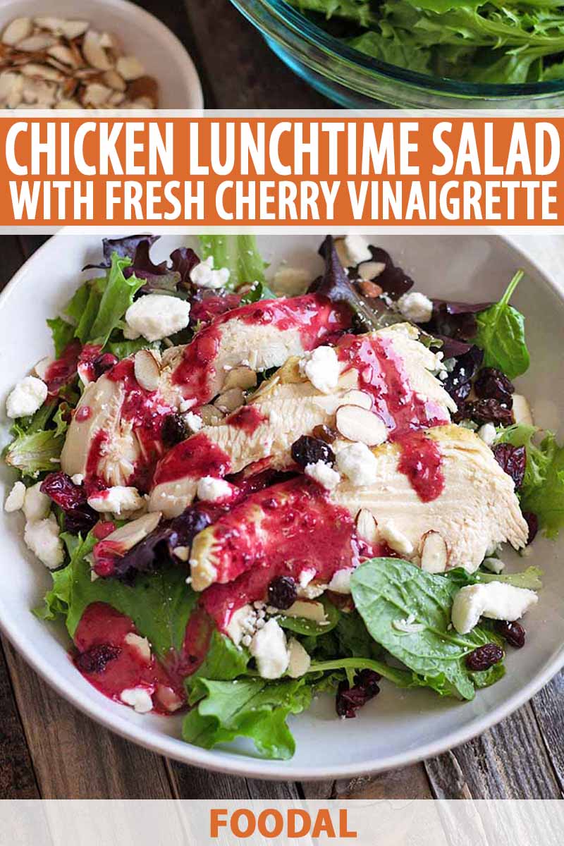Vertical closely cropped overhead image of a white bowl of sliced chicken breast, tried fruit, and crumbled goat cheese on a bed of salad greens topped with a drizzle of red cherry dressing, surrounded by a few bowls containing more of the same ingredients, on an unfinished wood surface, printed with orange and white text at the midpoint and the bottom of the frame.