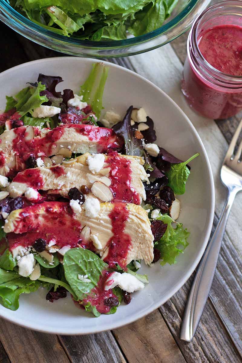 Closely cropped overhead vertical image of a white shallow bowl of salad made with mixed greens, dried fruit, crumbled cheese, and sliced roasted chicken breast topped with cherry dressing, with more of a leafy greens in a bowl at the top of the frame and a jar of the fruit dressing to the right with a fork, on an unfinished wood surface.