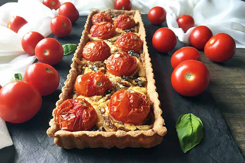 Horizontal image of a whole rectangular tomato tart on a dark slate surrounded by tomatoes, basil, and a white napkin.