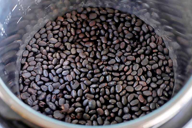 Horizontal overhead image of a stainless steel pot of black beans.