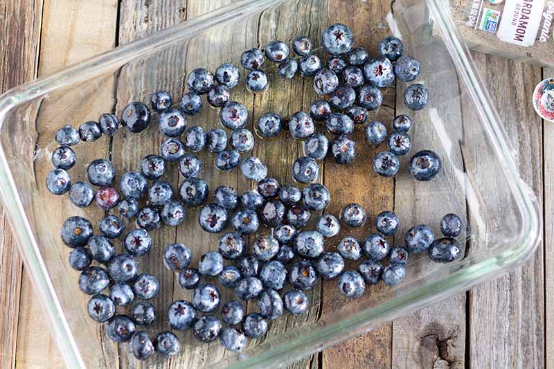 Overhead horizontal image of raw blueberries in a single layer in a rectangular glass baking dish, on an unfinished wood surface.