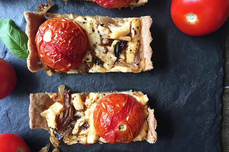 Horizontal image of two pieces of a savory pastry topped with blistered tomatoes and cheese.
