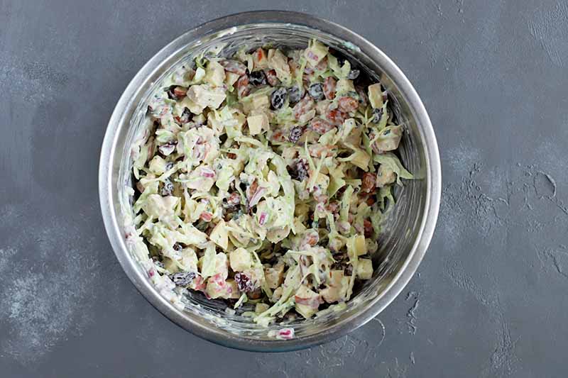 Horizontal image of chicken salad with cabbage and fruit in a stainless steel mixing bowl, on a gray surface.