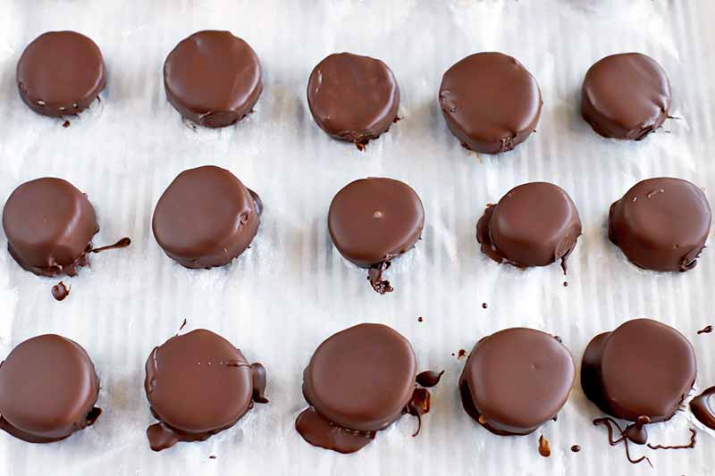 Closeup horizontal image of fifteen chocolate-covered banana slices arranged in three rows on a parchment-lined baking sheet.
