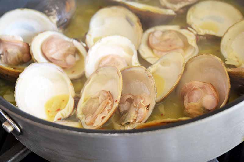 Horizontal image of open clam shells with cooked shellfish inside, cooking in liquid in a large frying pan.