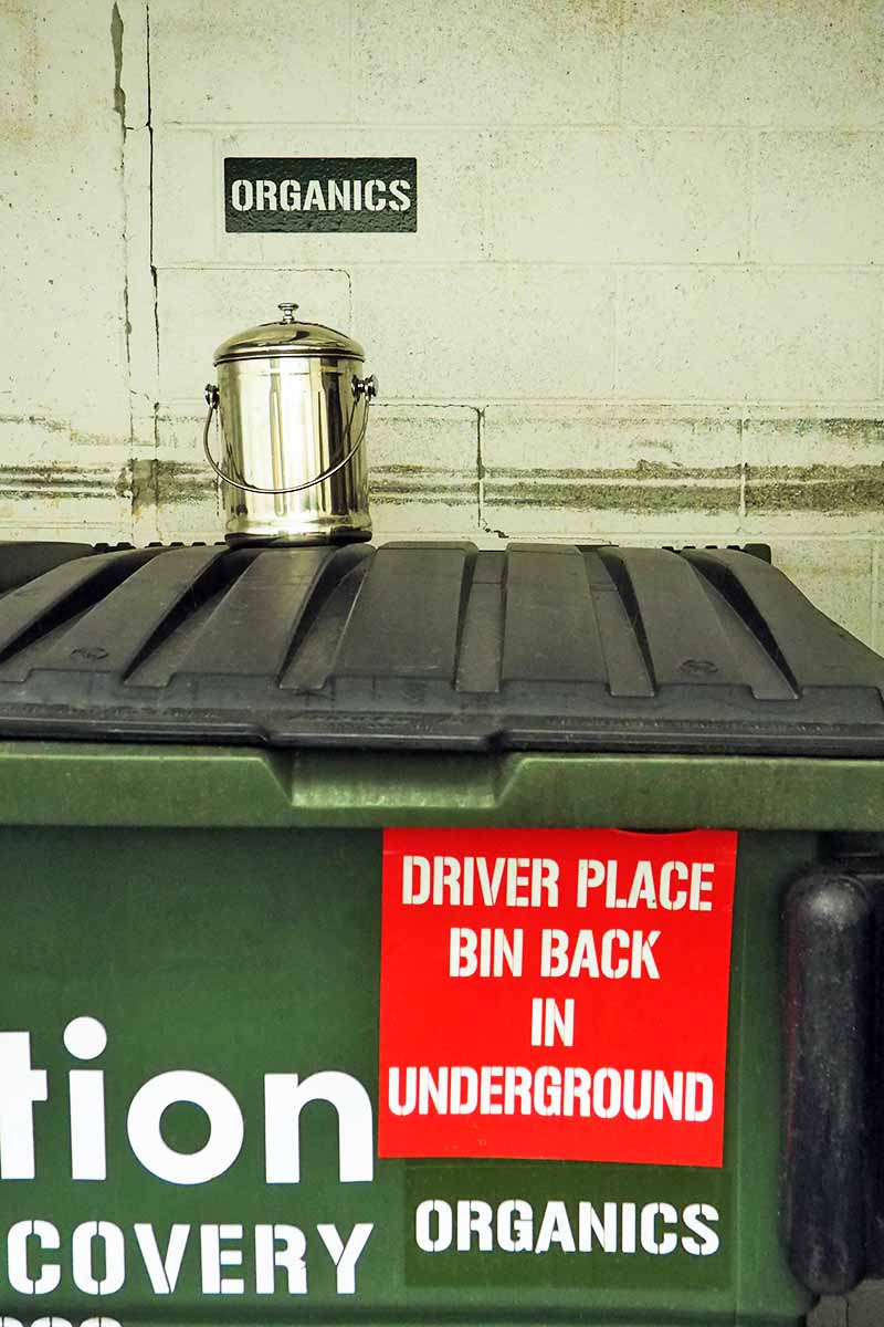 A green dumpster for multi-family organic waste collection, marked with a red and white sign, with a stainless steel kitchen waste collection pail on top, against a beige wall outdoors.