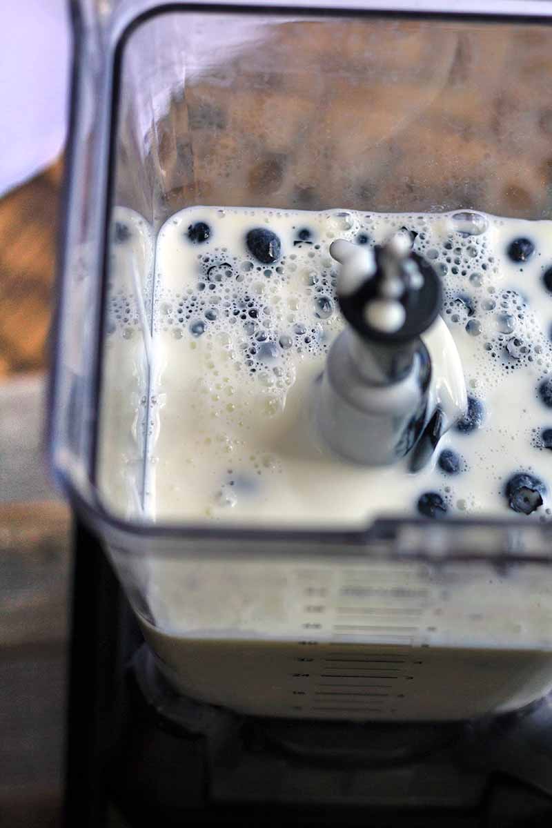 Vertical image of a blender with a milky substance and whole blueberries.