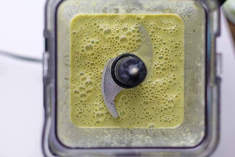 Horizontal image of a blender with a frothy green liquid.