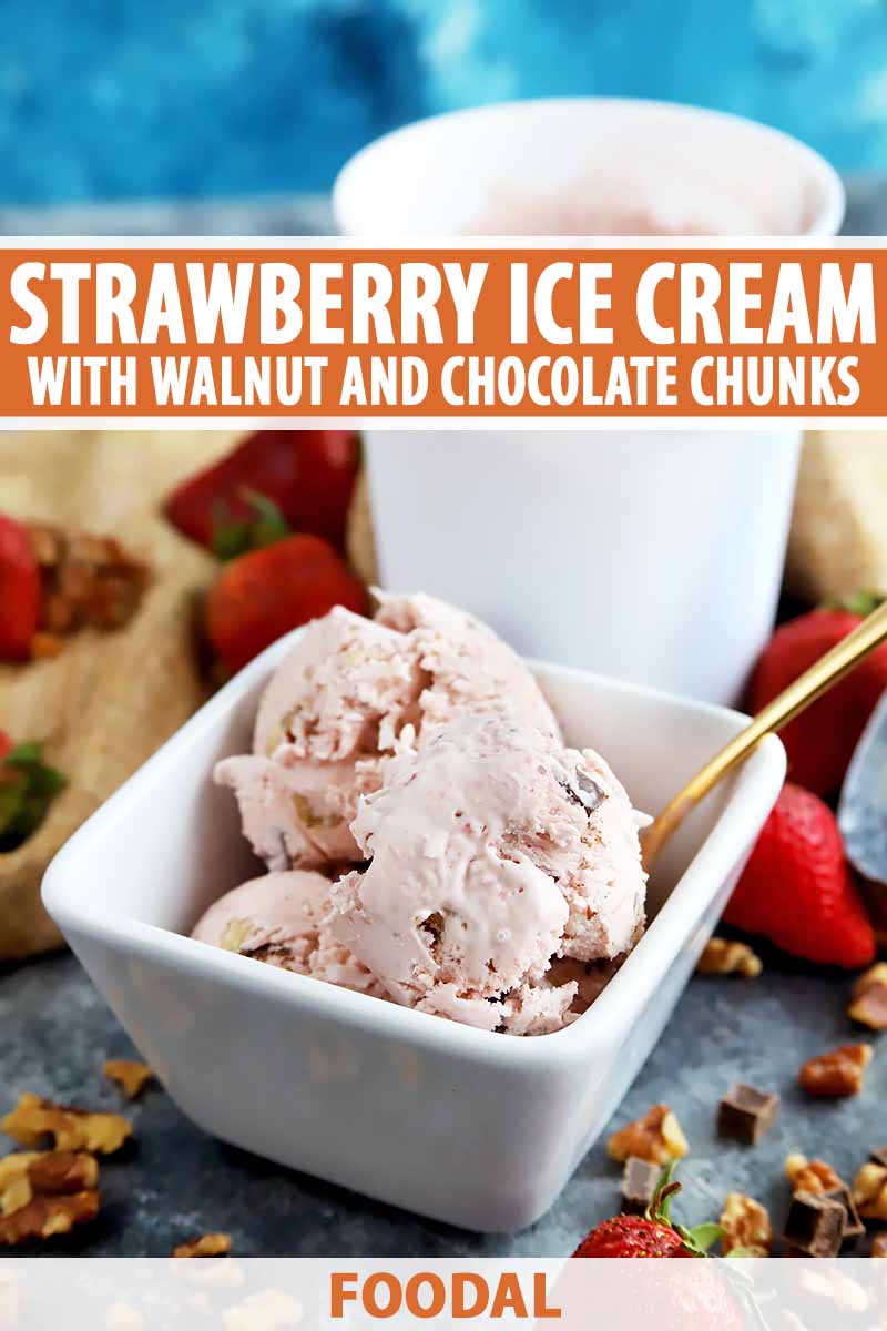 Vertical image of a white bowl with a pink frozen dessert with a container and strawberries in the background, with text in the center and bottom of the image.
