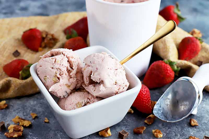 Horizontal image of a white bowl of scoops of a pink frozen dessert with a container in the background surrounded by fresh fruit.