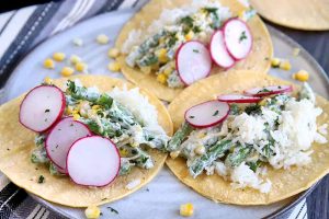 Vegetarian Grilled Corn and Green Bean Tacos with Cilantro Goat Cheese Crema
