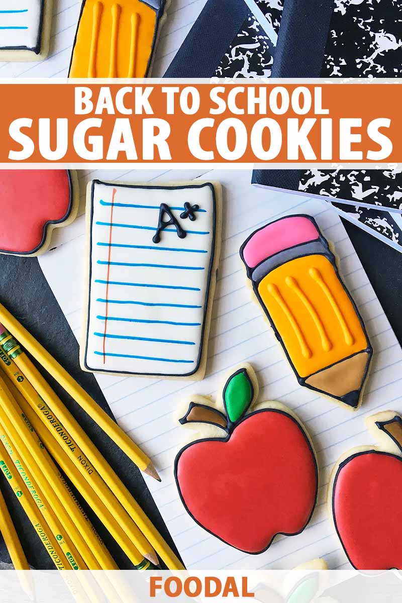 Vertical top down image of assorted school-themed cookies, with text on the top and bottom of the image.