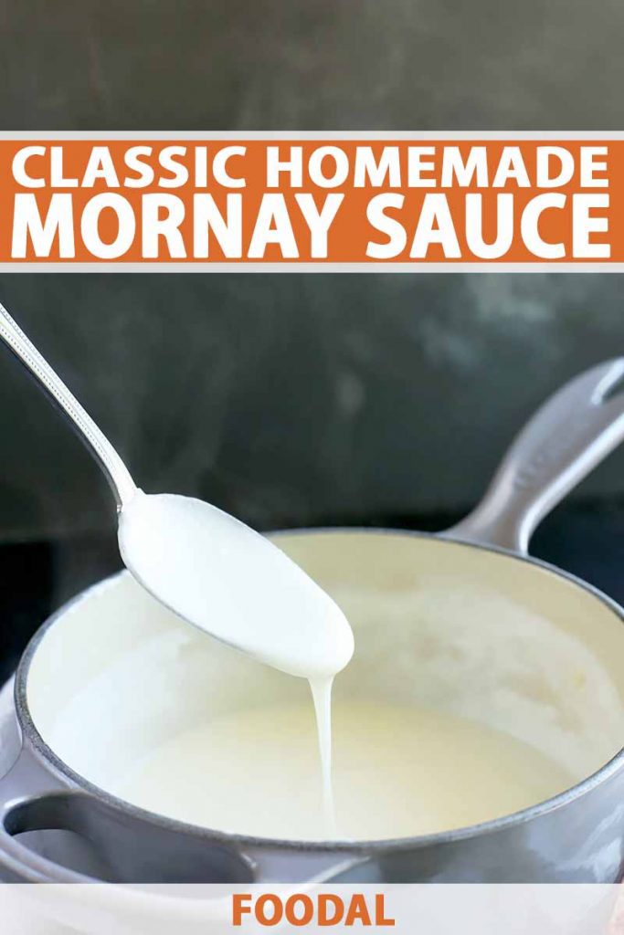 Vertical image of a spoonful of mornay sauce being poured slowly in a thin stream into an enameled gray and cream-colored saucepan containing more of the sauce below, on a gray background with visible steam rising from the pot, printed with orange and white text in the top third and at the bottom of the frame.