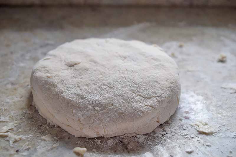 Horizontal image of a mound of dough on a floured surface.