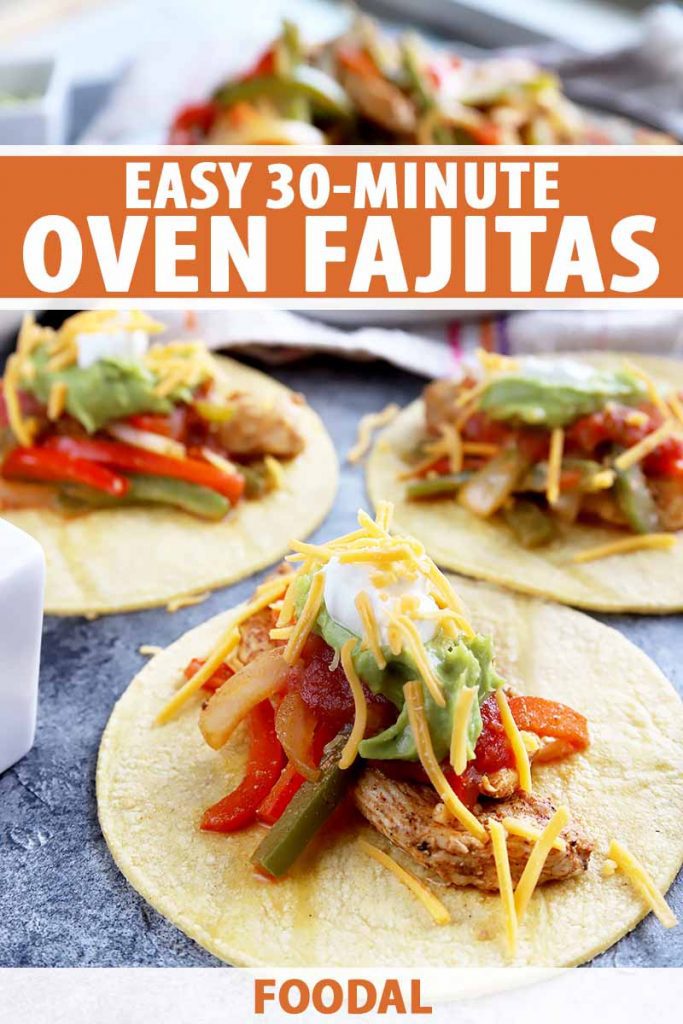 Vertical image of chicken and pepper fajitas, with text on the top and bottom of the image.